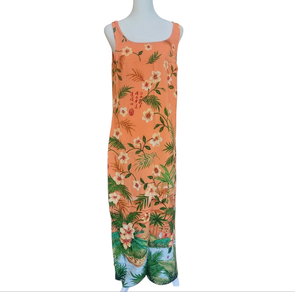 Baja Blue Orange Tropical Floral Maxi Dress Boho Beach Vacation Sz M - Picture 3 of 10